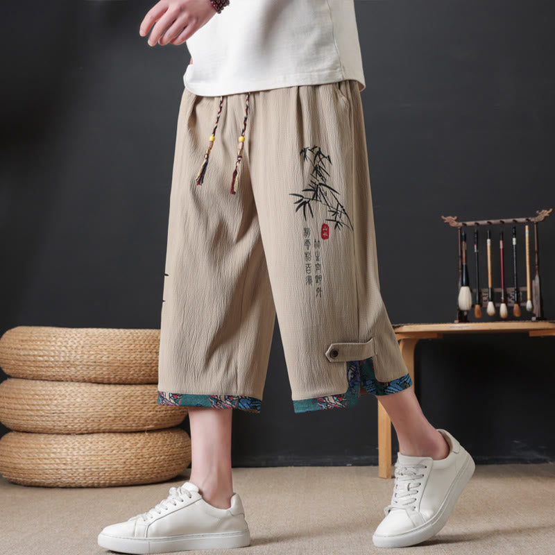Buddha Stones Pantaloni corti da uomo estivi stile Tang, casual, con coulisse, stampa bambù, gamba dritta e tasca. - Tan - US/UK/AU46, EU56 (4XL) - image 9