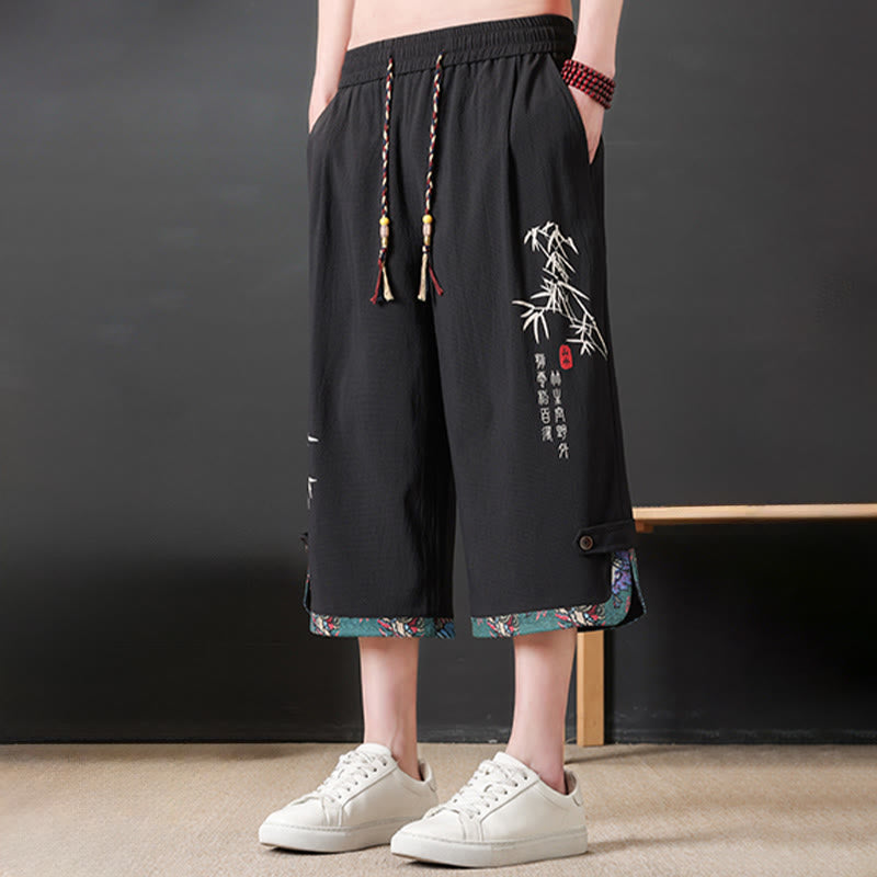 Buddha Stones Pantaloni corti da uomo estivi stile Tang, casual, con coulisse, stampa bambù, gamba dritta e tasca. - image 2