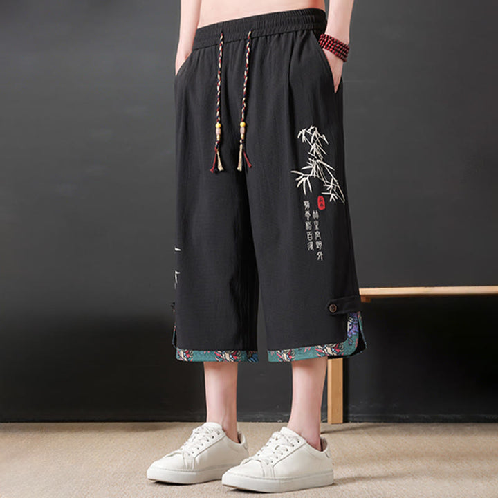 Buddha Stones Pantaloni corti da uomo estivi stile Tang, casual, con coulisse, stampa bambù, gamba dritta e tasca. - image 2