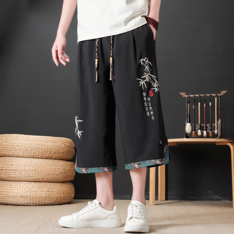 Buddha Stones Pantaloni corti da uomo estivi stile Tang, casual, con coulisse, stampa bambù, gamba dritta e tasca. - image 1
