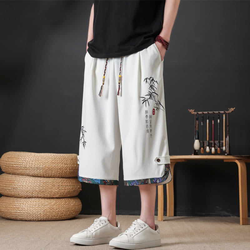 Buddha Stones Pantaloni corti da uomo estivi stile Tang, casual, con coulisse, stampa bambù, gamba dritta e tasca. - Bianco - US/UK/AU46, EU56 (4XL) - image 14