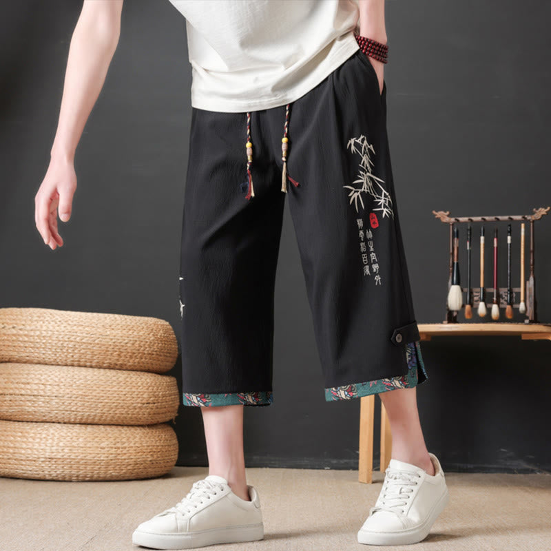 Buddha Stones Pantaloni corti da uomo estivi stile Tang, casual, con coulisse, stampa bambù, gamba dritta e tasca. - Nero - US/UK/AU46, EU56 (4XL) - image 0