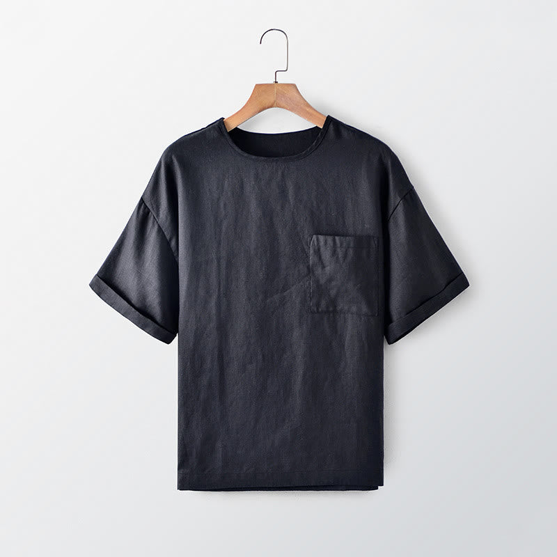 Buddha Stones T-shirt da uomo estiva casual minimalista a maniche corte con girocollo e tasca applicata - Nero - US/UK/AU44, EU54 (3XL) - image 0