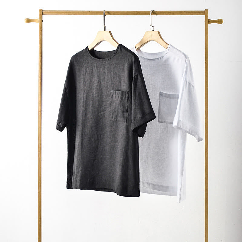 Buddha Stones T-shirt da uomo estiva casual minimalista a maniche corte con girocollo e tasca applicata - image 1