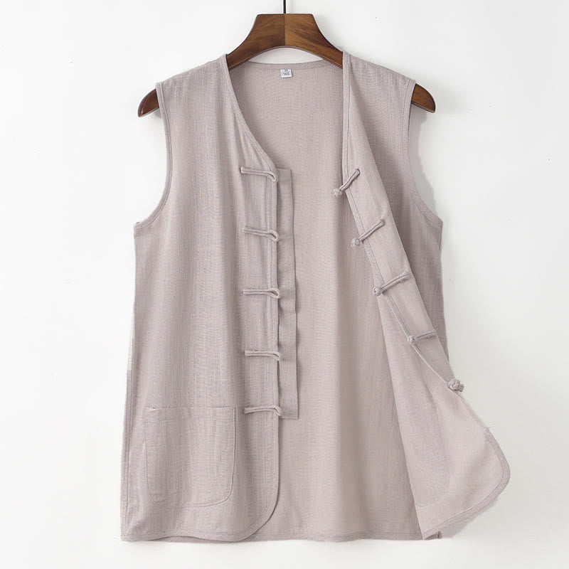 Buddha Stones Canotta da uomo estiva stile Tang, casual, con bottoni a rana, tinta unita, senza maniche e con tasca. - Grigio chiaro - US/UK/AU48, EU58 (4XL) - image 1