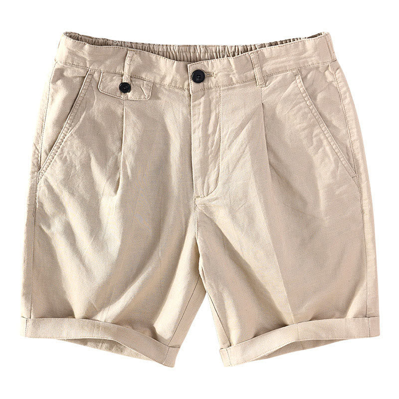 Buddha Stones Pantaloncini da uomo primaverili/estivi, casual, minimalisti, con bottoni e cerniera, in cotone e lino tinta unita, con tasca. - Tan - US/UK/AU42, EU52 (3XL) - image 0
