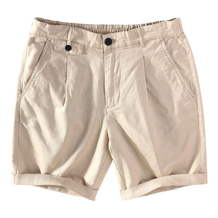Buddha Stones Pantaloncini da uomo primaverili/estivi, casual, minimalisti, con bottoni e cerniera, in cotone e lino tinta unita, con tasca. - Tan - US/UK/AU42, EU52 (3XL) - image 0