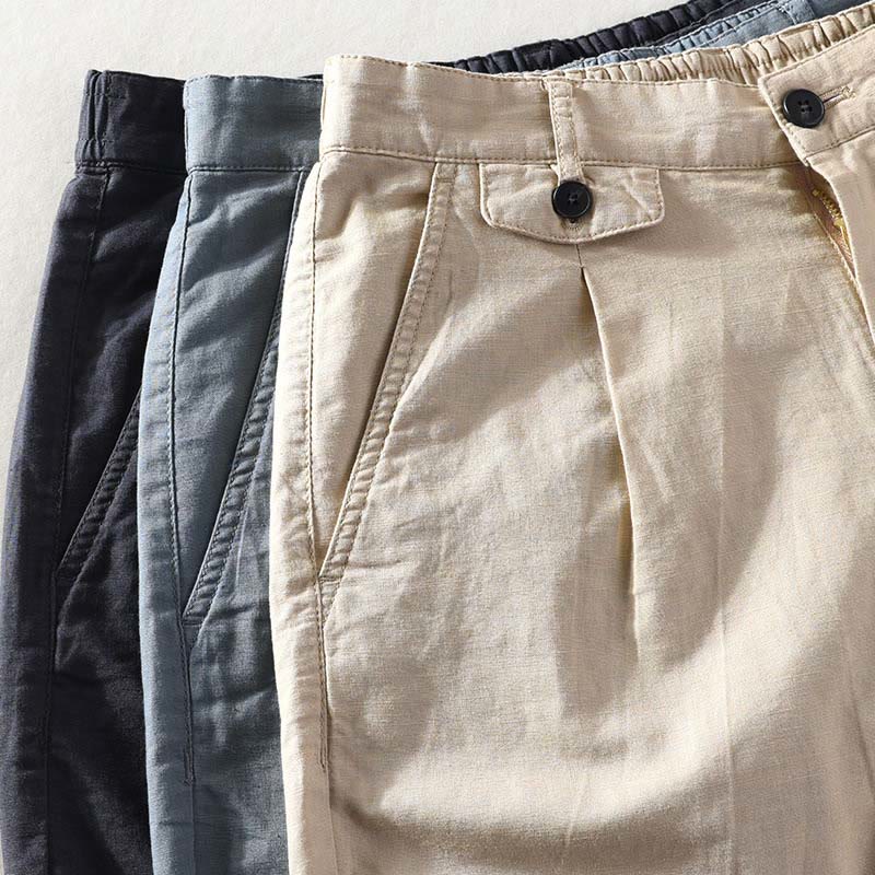 Buddha Stones Pantaloncini da uomo primaverili/estivi, casual, minimalisti, con bottoni e cerniera, in cotone e lino tinta unita, con tasca. - image 23