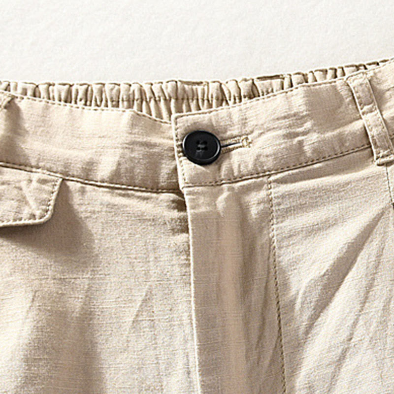 Buddha Stones Pantaloncini da uomo primaverili/estivi, casual, minimalisti, con bottoni e cerniera, in cotone e lino tinta unita, con tasca. - image 2