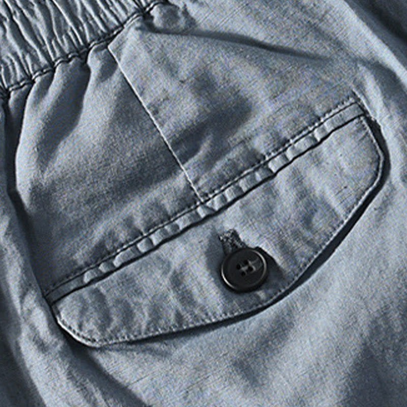 Buddha Stones Pantaloncini da uomo primaverili/estivi, casual, minimalisti, con bottoni e cerniera, in cotone e lino tinta unita, con tasca. - image 19