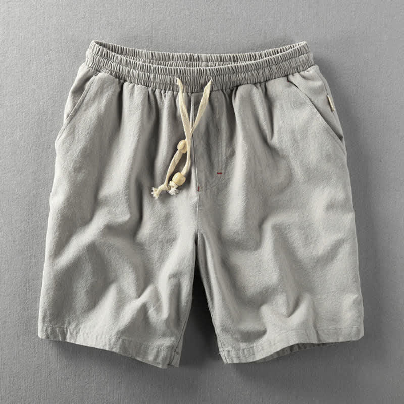 Buddha Stones Pantaloncini da uomo estivi casual minimalisti in cotone e lino tinta unita con coulisse e tasche. - Grigio chiaro - US/UK/AU48, EU58 (6XL) - image 0