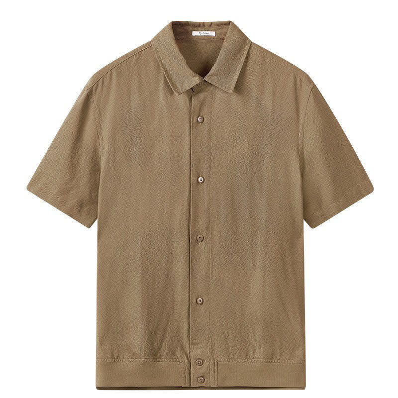 Buddha Stones Camicia da uomo estiva casual minimalista a maniche corte con colletto alla coreana e bottoni. - image 1