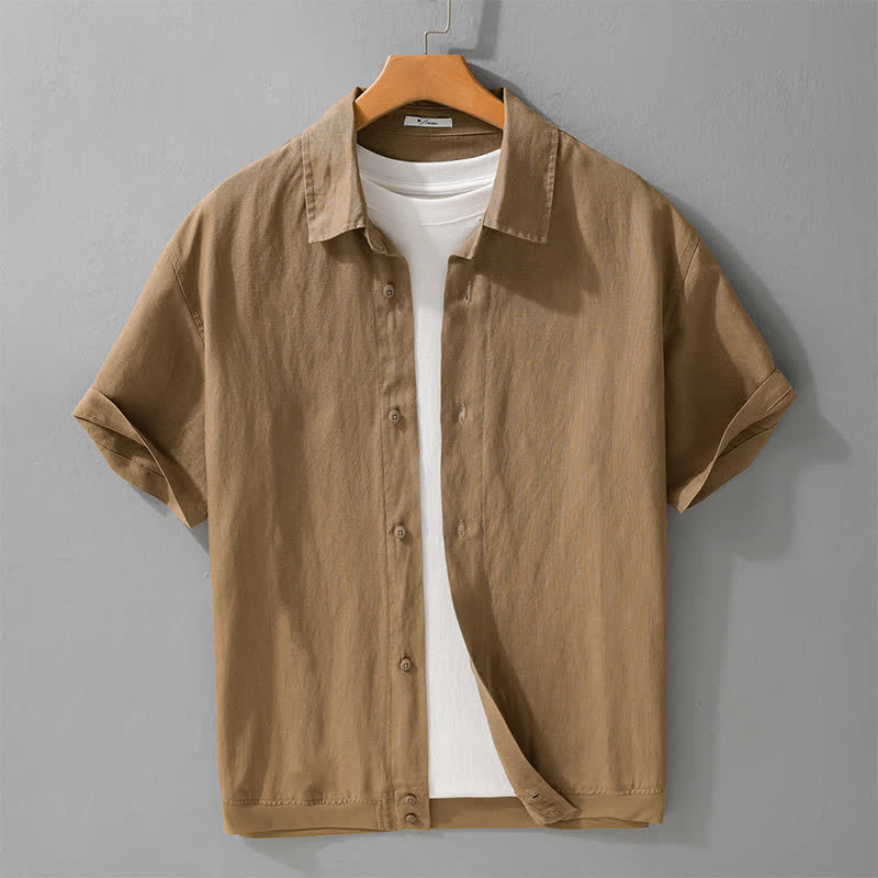 Buddha Stones Camicia da uomo estiva casual minimalista a maniche corte con colletto alla coreana e bottoni. - Tan - US/UK/AU42, EU52 (3XL) - image 0