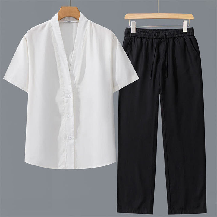 Buddha Stones Completo 2 pezzi primavera estate casual minimalista con camicia abbottonata e pantaloni con coulisse, tinta unita, da uomo, ideale per la meditazione, con tasche. - Camicia bianca + pantaloni neri - US/UK/AU42, EU52 (3XL) - image 11