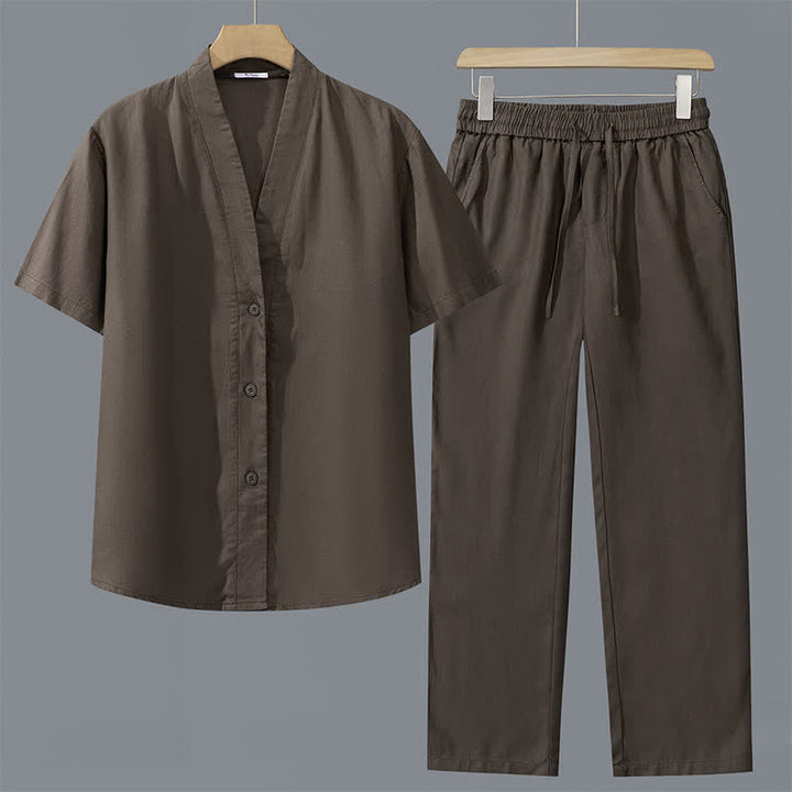Buddha Stones Completo 2 pezzi primavera estate casual minimalista con camicia abbottonata e pantaloni con coulisse, tinta unita, da uomo, ideale per la meditazione, con tasche. - Camicia marrone + pantaloni marroni - US/UK/AU42, EU52 (3XL) - image 1