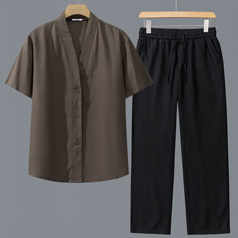 Buddha Stones Completo 2 pezzi primavera estate casual minimalista con camicia abbottonata e pantaloni con coulisse, tinta unita, da uomo, ideale per la meditazione, con tasche. - Camicia marrone + pantaloni neri - US/UK/AU42, EU52 (3XL) - image 3
