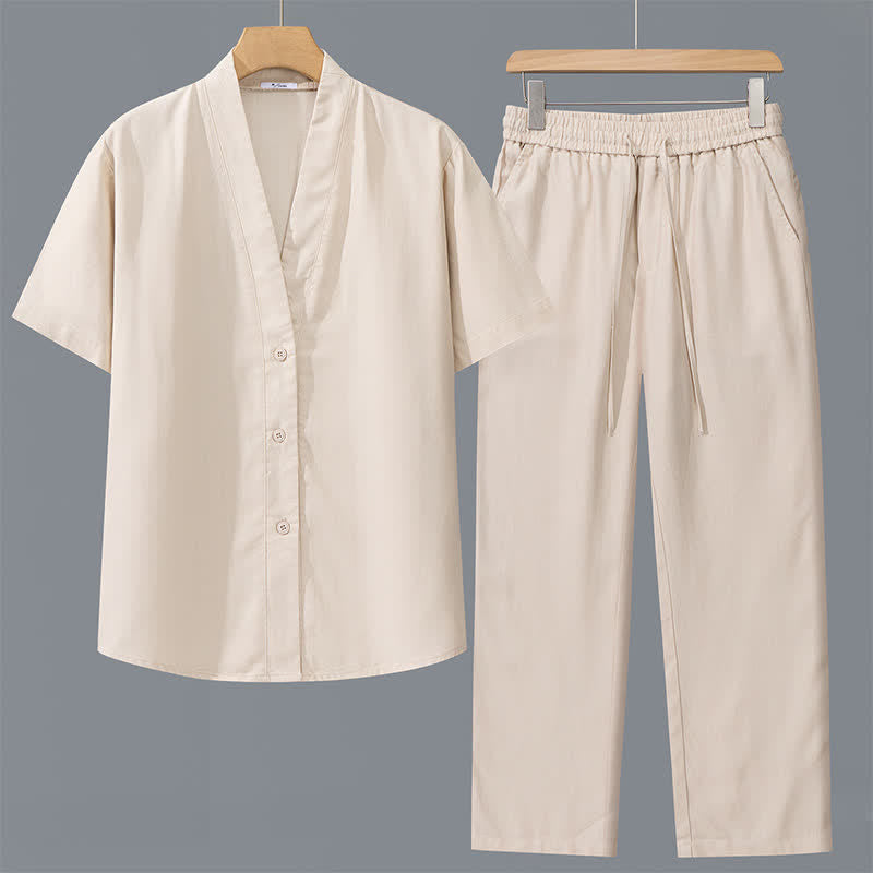 Buddha Stones Completo 2 pezzi primavera estate casual minimalista con camicia abbottonata e pantaloni con coulisse, tinta unita, da uomo, ideale per la meditazione, con tasche. - Camicia beige + pantaloni beige - US/UK/AU42, EU52 (3XL) - image 4