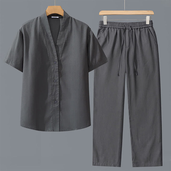 Buddha Stones Completo 2 pezzi primavera estate casual minimalista con camicia abbottonata e pantaloni con coulisse, tinta unita, da uomo, ideale per la meditazione, con tasche. - Camicia grigio scuro + pantaloni grigio scuro - US/UK/AU42, EU52 (3XL) - image 0