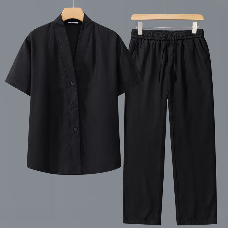 Buddha Stones Completo 2 pezzi primavera estate casual minimalista con camicia abbottonata e pantaloni con coulisse, tinta unita, da uomo, ideale per la meditazione, con tasche. - Camicia nera + pantaloni neri - US/UK/AU42, EU52 (3XL) - image 2