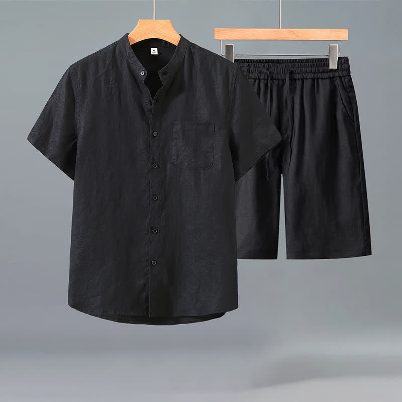 Buddha Stones Completo estivo casual da uomo in stile Tang con camicia a maniche corte e pantaloncini, in lino tinta unita, ideale per la meditazione e con tasca. - Camicia nera + pantaloni neri - US/UK/AU42, EU52 (3XL) - image 4
