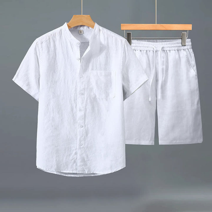 Buddha Stones Completo estivo casual da uomo in stile Tang con camicia a maniche corte e pantaloncini, in lino tinta unita, ideale per la meditazione e con tasca. - Camicia bianca + pantaloni bianchi - US/UK/AU42, EU52 (3XL) - image 7
