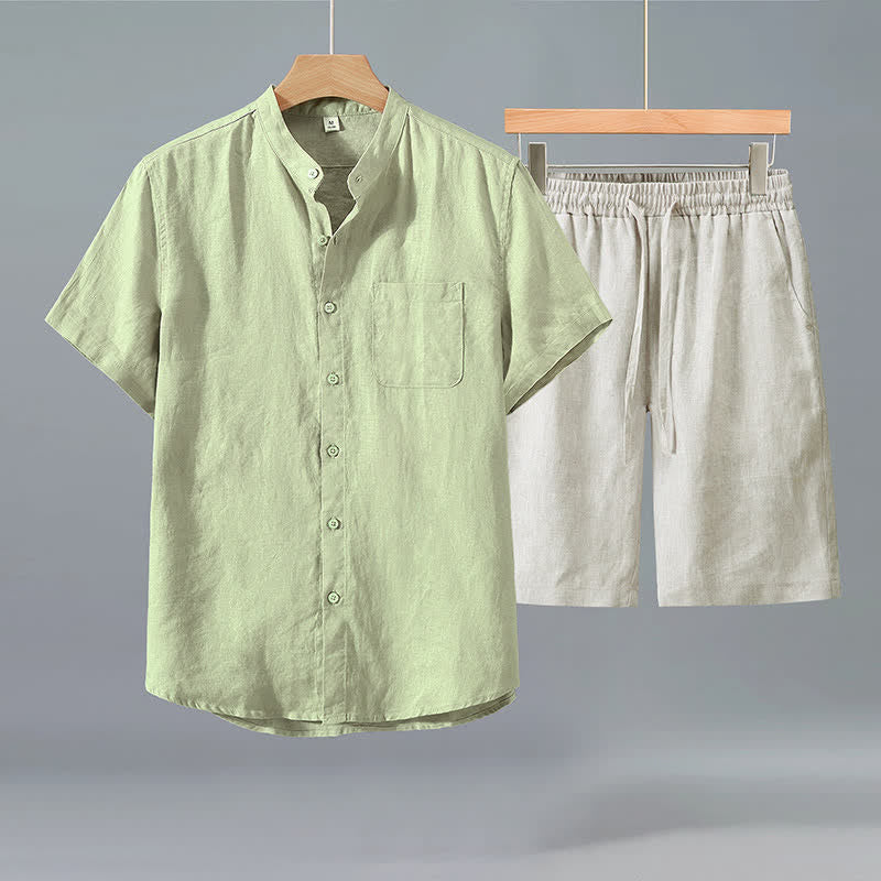 Buddha Stones Completo estivo casual da uomo in stile Tang con camicia a maniche corte e pantaloncini, in lino tinta unita, ideale per la meditazione e con tasca. - Camicia verde + pantaloni beige - US/UK/AU42, EU52 (3XL) - image 6