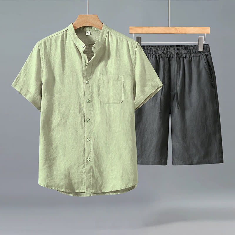 Buddha Stones Completo estivo casual da uomo in stile Tang con camicia a maniche corte e pantaloncini, in lino tinta unita, ideale per la meditazione e con tasca. - Camicia verde + pantaloni grigi - US/UK/AU42, EU52 (3XL) - image 5