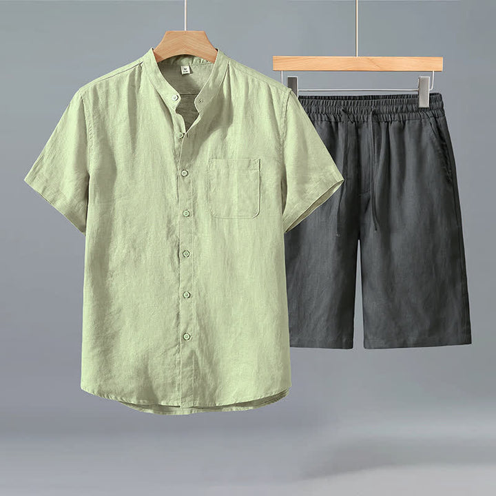 Buddha Stones Completo estivo casual da uomo in stile Tang con camicia a maniche corte e pantaloncini, in lino tinta unita, ideale per la meditazione e con tasca. - Camicia verde + pantaloni grigi - US/UK/AU42, EU52 (3XL) - image 5