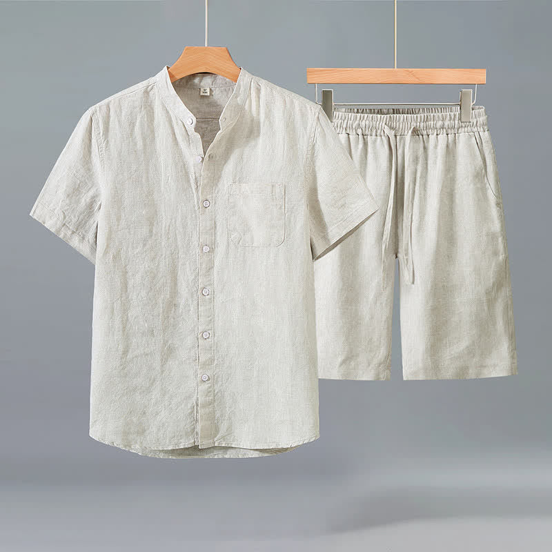 Buddha Stones Completo estivo casual da uomo in stile Tang con camicia a maniche corte e pantaloncini, in lino tinta unita, ideale per la meditazione e con tasca. - Camicia beige + pantaloni beige - US/UK/AU42, EU52 (3XL) - image 0