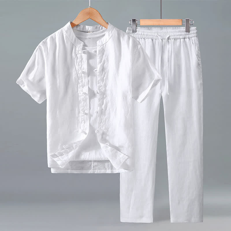 Buddha Stones Completo estivo da uomo in lino, modello Tang, con camicia a maniche corte e pantaloni, con bottoni a rana, ideale per la meditazione. Set di 2 pezzi. Abbigliamento da meditazione per uomo. - Bianco - US/UK/AU42, EU52 (3XL) - image 8
