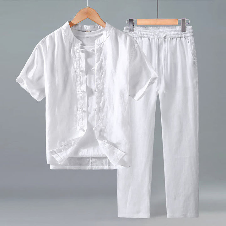 Buddha Stones Completo estivo da uomo in lino, modello Tang, con camicia a maniche corte e pantaloni, con bottoni a rana, ideale per la meditazione. Set di 2 pezzi. Abbigliamento da meditazione per uomo. - Bianco - US/UK/AU42, EU52 (3XL) - image 8