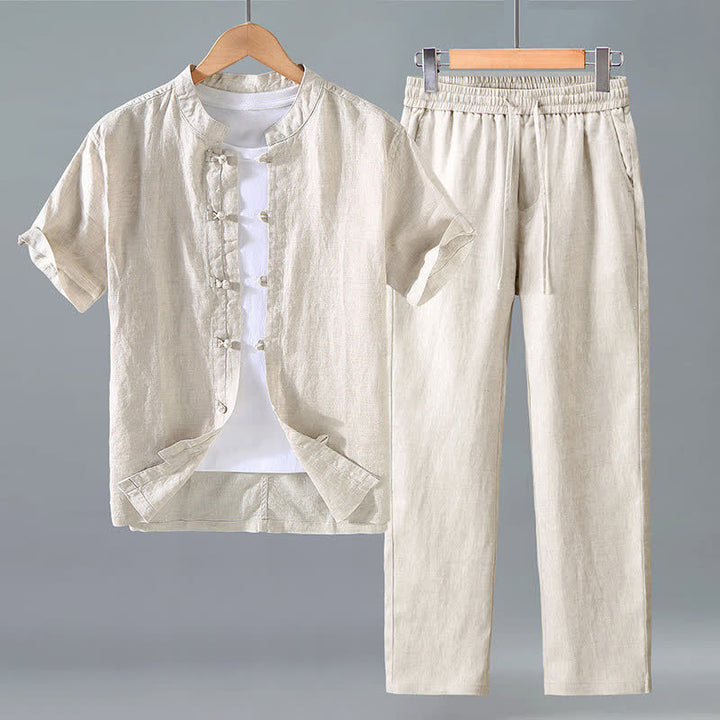 Buddha Stones Completo estivo da uomo in lino, modello Tang, con camicia a maniche corte e pantaloni, con bottoni a rana, ideale per la meditazione. Set di 2 pezzi. Abbigliamento da meditazione per uomo. - Biancheria - US/UK/AU42, EU52 (3XL) - image 0