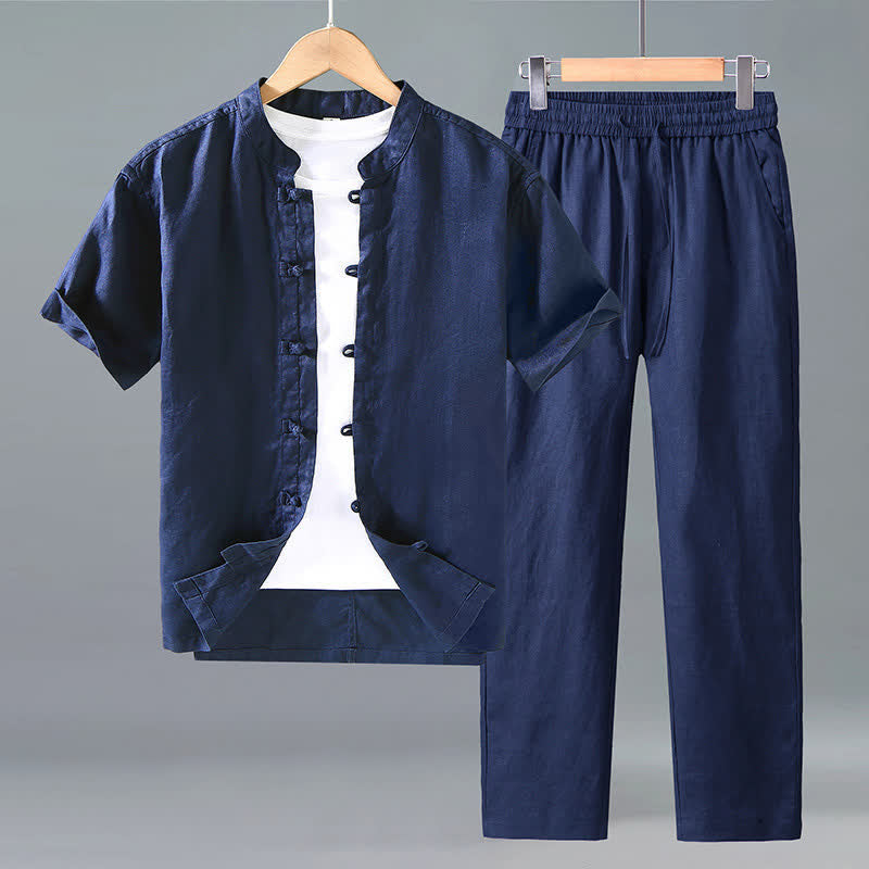 Buddha Stones Completo estivo da uomo in lino, modello Tang, con camicia a maniche corte e pantaloni, con bottoni a rana, ideale per la meditazione. Set di 2 pezzi. Abbigliamento da meditazione per uomo. - Blu notte - US/UK/AU42, EU52 (3XL) - image 7