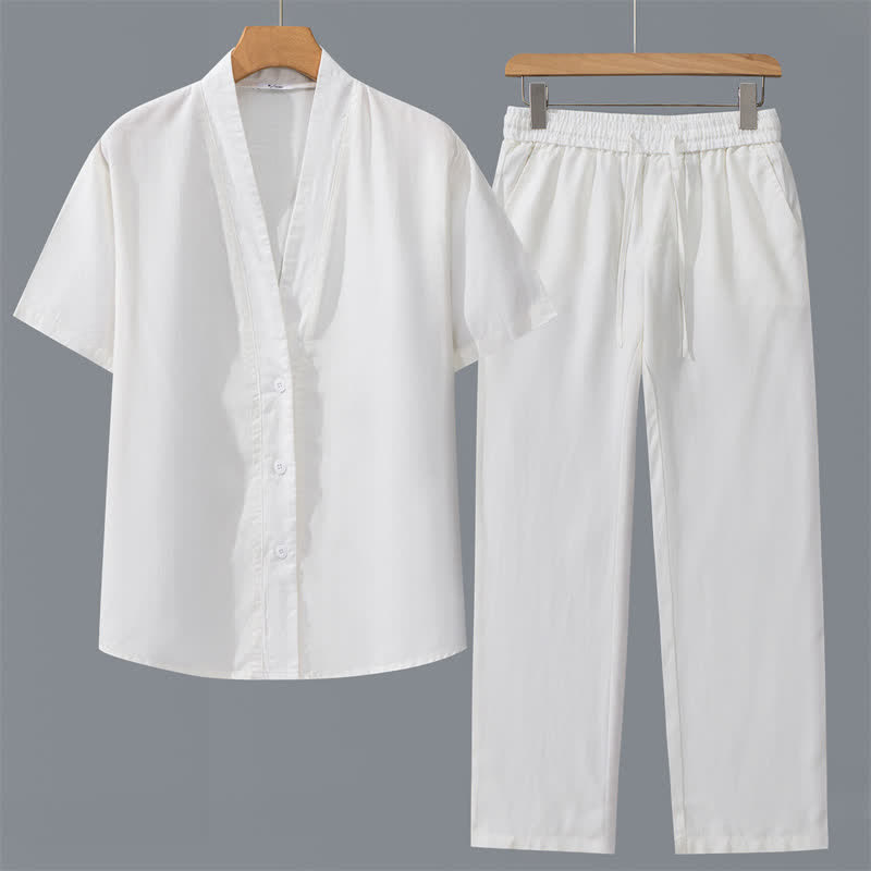 Buddha Stones Completo 2 pezzi primavera estate casual minimalista con camicia abbottonata e pantaloni con coulisse, tinta unita, da uomo, ideale per la meditazione, con tasche. - Camicia bianca + pantaloni bianchi - US/UK/AU42, EU52 (3XL) - image 12