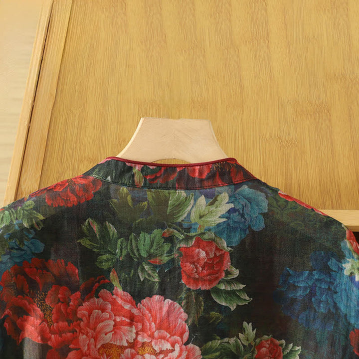 Buddha Stones Canotta da donna elegante con colletto alla coreana e stampa floreale di peonie, stile estivo Tang. - image 4