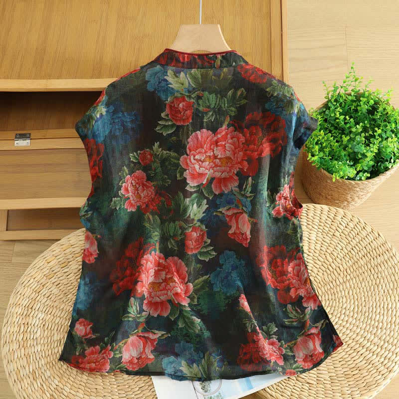 Buddha Stones Canotta da donna elegante con colletto alla coreana e stampa floreale di peonie, stile estivo Tang. - image 1