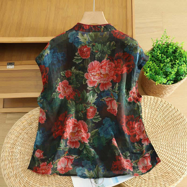 Buddha Stones Canotta da donna elegante con colletto alla coreana e stampa floreale di peonie, stile estivo Tang. - image 1