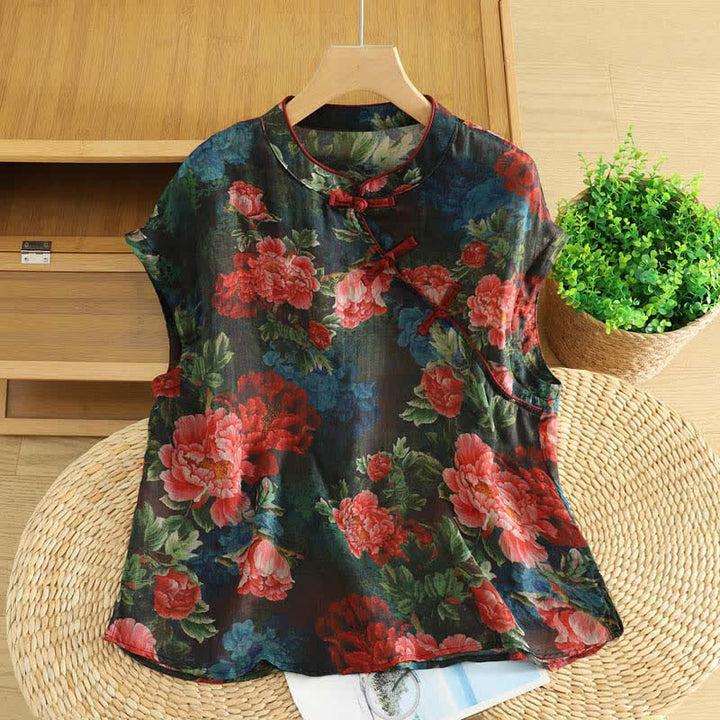 Buddha Stones Canotta da donna elegante con colletto alla coreana e stampa floreale di peonie, stile estivo Tang. - Nero - US12, UK/AU16, EU44 (2XL) - image 0