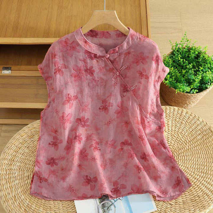 Buddha Stones Canotta da donna estiva stile Tang, casual, con colletto alla coreana e stampa floreale rosa, senza maniche. - Rosso viola pallido - US12, UK/AU16, EU44 (2XL) - image 0