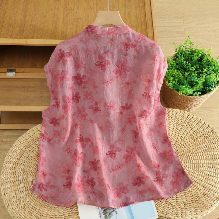 Buddha Stones Canotta da donna estiva stile Tang, casual, con colletto alla coreana e stampa floreale rosa, senza maniche. - image 1