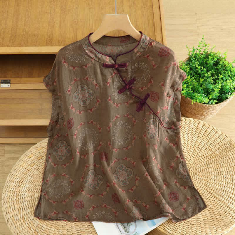 Buddha Stones Canotta da donna estiva stile Tang vintage con colletto alla coreana, bottoni a rana, stampa floreale, zucca e cavallo, senza maniche. - Siena - US12, UK/AU16, EU44 (2XL) - image 0
