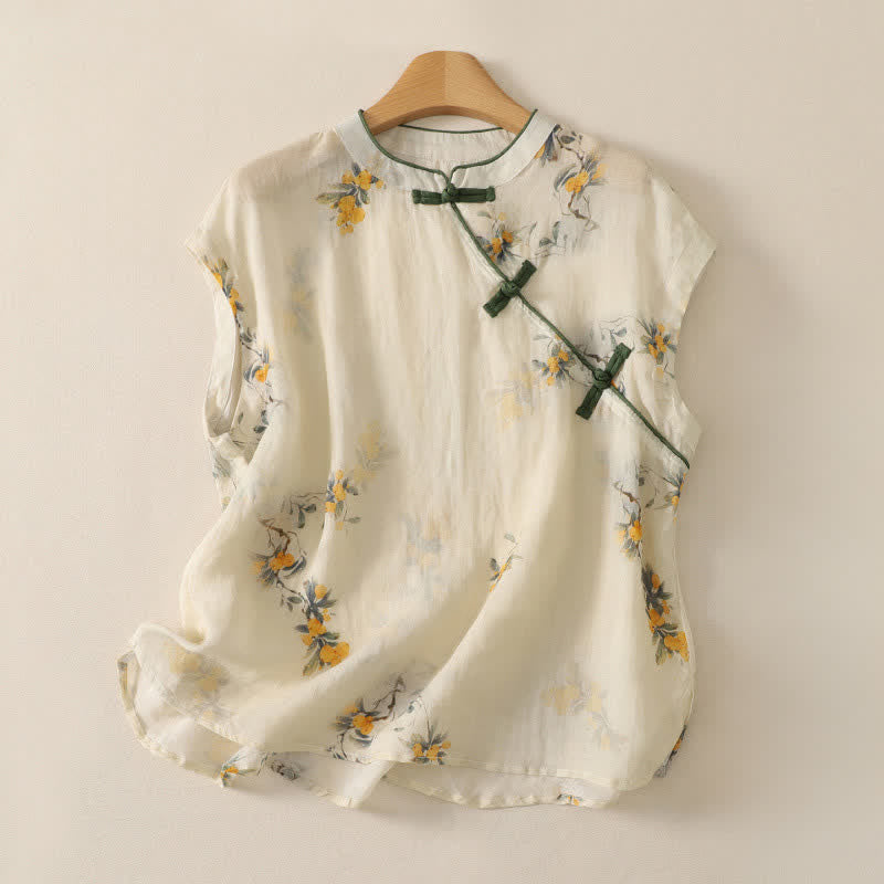 Buddha Stones Canotta da donna estiva stile Tang vintage con colletto alla coreana e stampa floreale di nespole gialle, senza maniche - Beige - Senza maniche - US12, UK/AU16, EU44 (2XL) - image 0