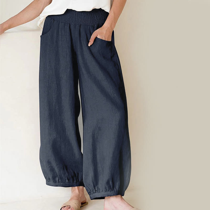 Pantaloni harem da donna in cotone tinta unita con motivo Buddha Stones tasche - SteelBlue - US16, UK/AU20, EU48 (3XL) - image 0