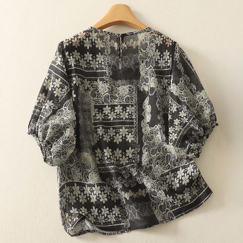 Buddha Stones Camicia da donna estiva casual vintage a maniche corte con stampa floreale nera e patchwork. - image 1