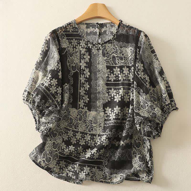 Buddha Stones Camicia da donna estiva casual vintage a maniche corte con stampa floreale nera e patchwork. - Nero - US8-10, UK/AU12-14, EU40-42 (2XL) - image 0
