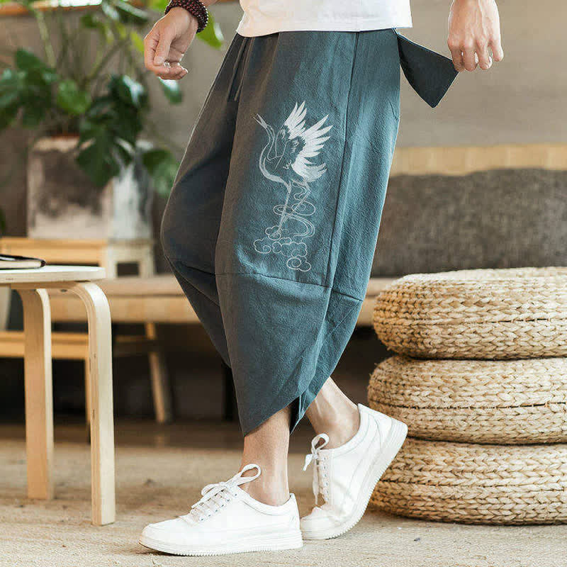 Buddha Stones Pantaloni Capri estivi casual vintage con coulisse e stampa gru, pantaloni harem da uomo con tasca - image 1