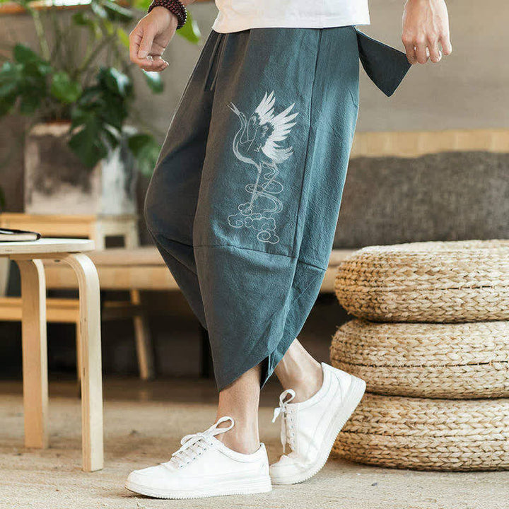 Buddha Stones Pantaloni Capri estivi casual vintage con coulisse e stampa gru, pantaloni harem da uomo con tasca - image 1