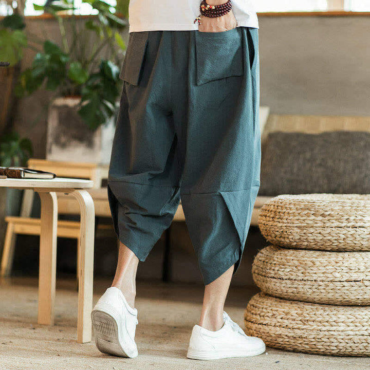 Buddha Stones Pantaloni Capri estivi casual vintage con coulisse e stampa gru, pantaloni harem da uomo con tasca - image 4