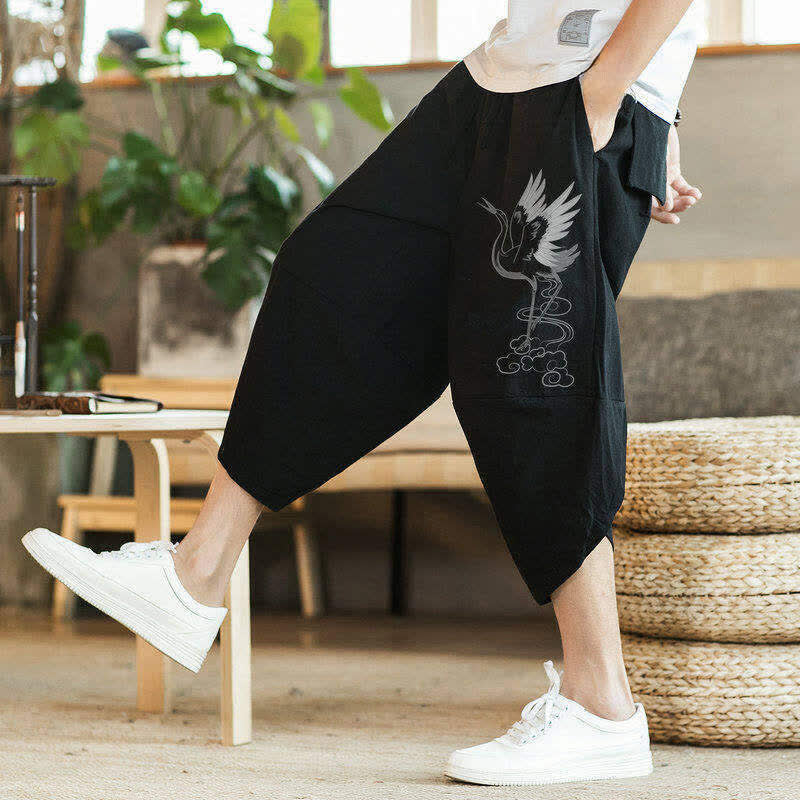 Buddha Stones Pantaloni Capri estivi casual vintage con coulisse e stampa gru, pantaloni harem da uomo con tasca - image 8