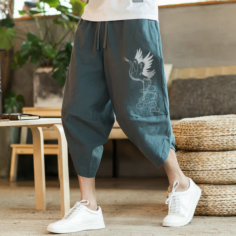 Buddha Stones Pantaloni Capri estivi casual vintage con coulisse e stampa gru, pantaloni harem da uomo con tasca - Cadetto Blu - US/UK/AU46, EU56 (5XL) - image 0